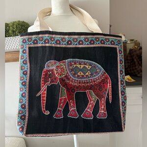 Boho Embroidered Elephant Tote - Black with Red & Teal Accents